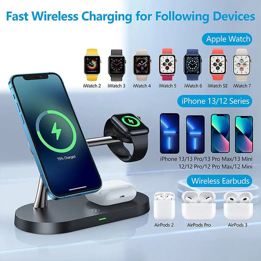 3-in-1 Wireless Charger Stand for iPhone 12-16, Apple Watch 4-10, AirPods 2/3/Pro