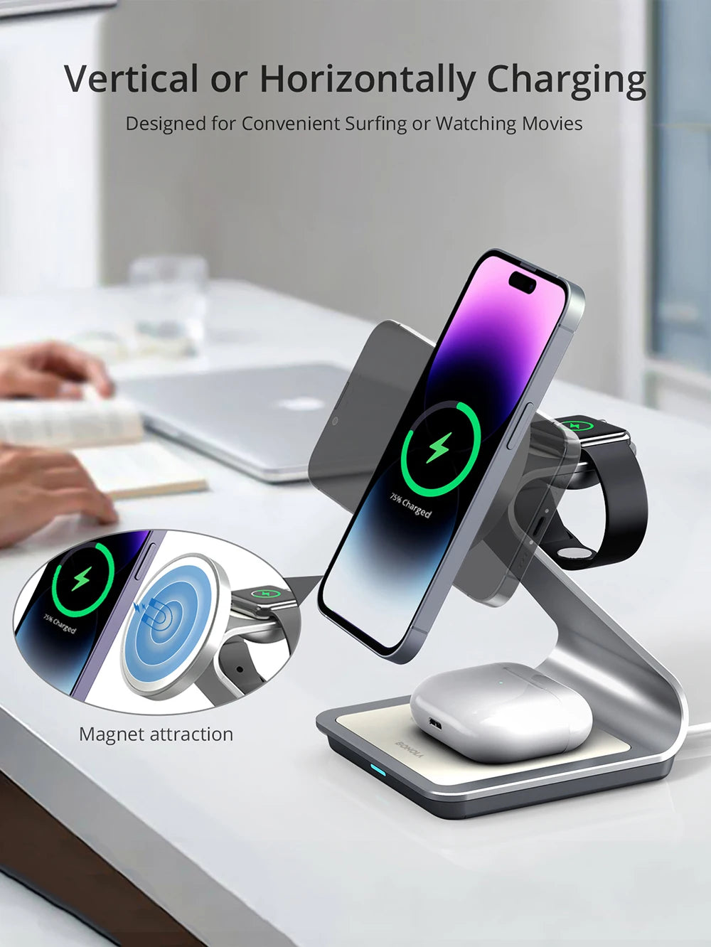 Bonola 3-in-1 Magnetic Wireless Charger – 30W Fast Charging for iPhone 15/14/13/12, Apple Watch, AirPods Pro