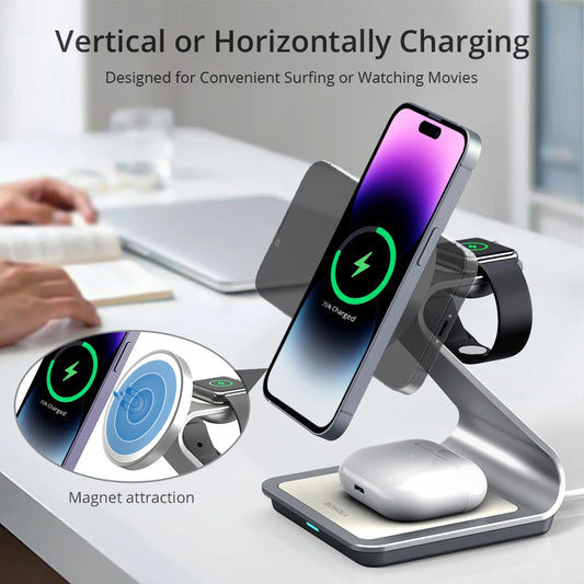 Bonola 3-in-1 Magnetic Wireless Charger – 30W Fast Charging for iPhone 15/14/13/12, Apple Watch, AirPods Pro