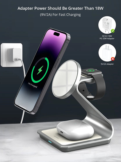 Bonola 3-in-1 Magnetic Wireless Charger – 30W Fast Charging for iPhone 15/14/13/12, Apple Watch, AirPods Pro