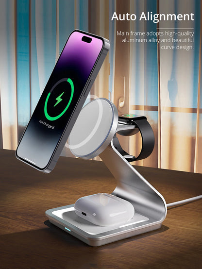 Bonola 3-in-1 Magnetic Wireless Charger – 30W Fast Charging for iPhone 15/14/13/12, Apple Watch, AirPods Pro
