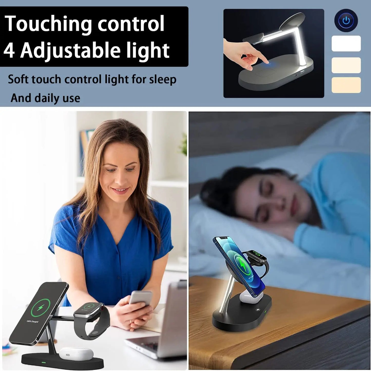 3-in-1 Wireless Charger Stand for iPhone 12-16, Apple Watch 4-10, AirPods 2/3/Pro