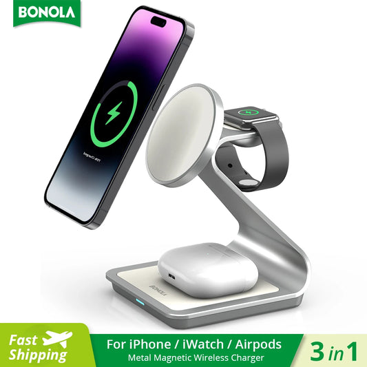 Bonola 3-in-1 Magnetic Wireless Charger – 30W Fast Charging for iPhone 15/14/13/12, Apple Watch, AirPods Pro